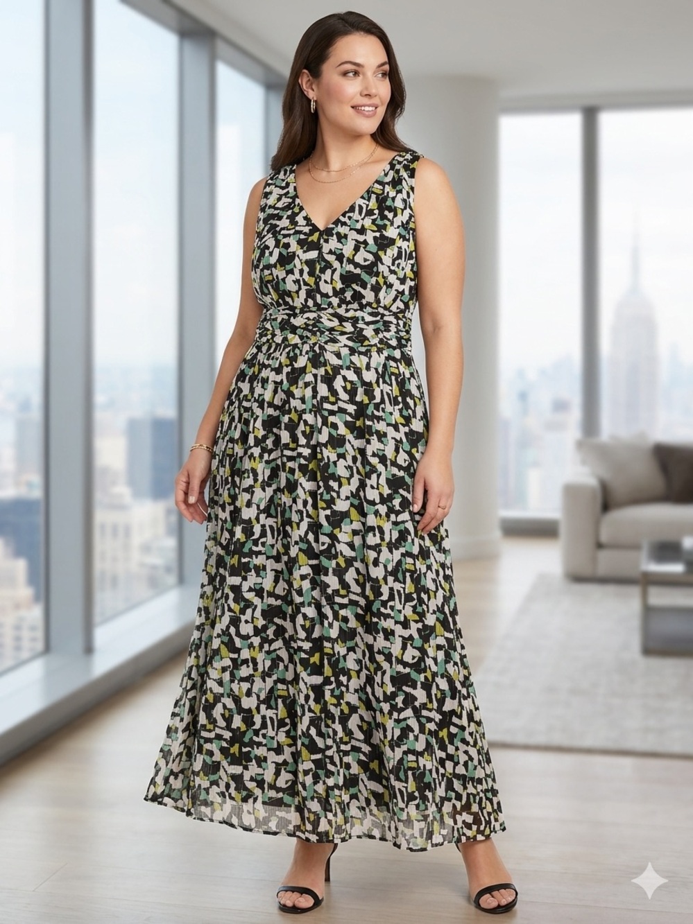 Jones New York Sleeveless V-Neck Midi Dress - Black/White/Green